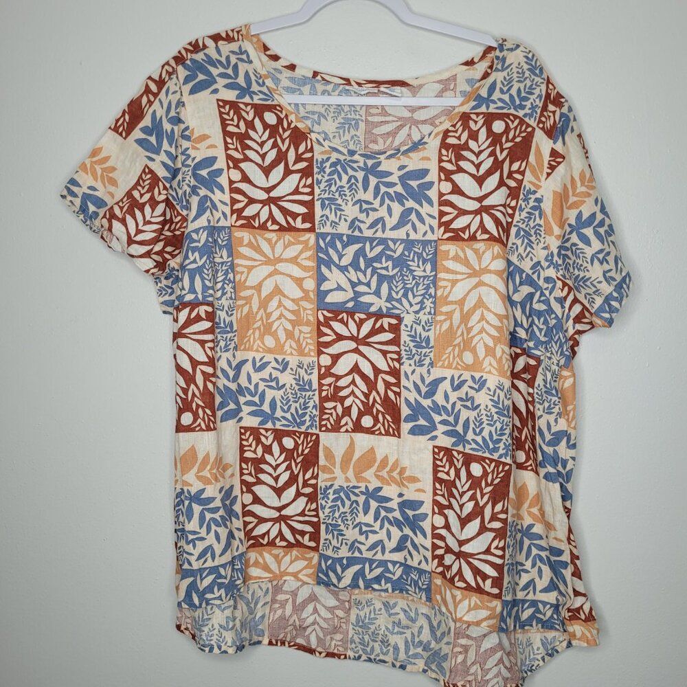 Sigrid Olsen 100% Linen Top Xl V-Neck Short Sleeve Boho Patchwork Lagenlook Boxy